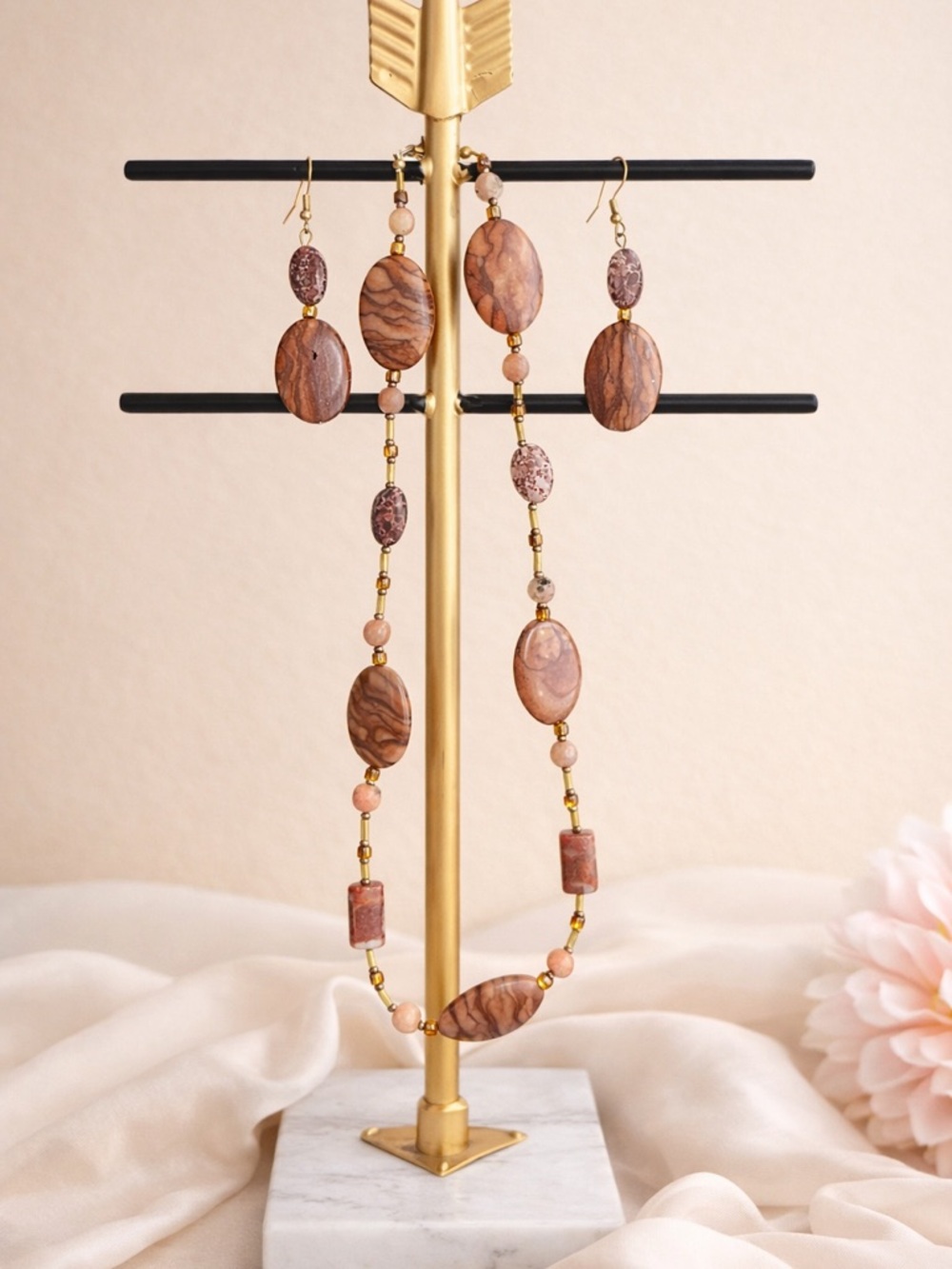 Handcrafted Pink Picasso Brown Jasper Bead Necklace & Earring Set